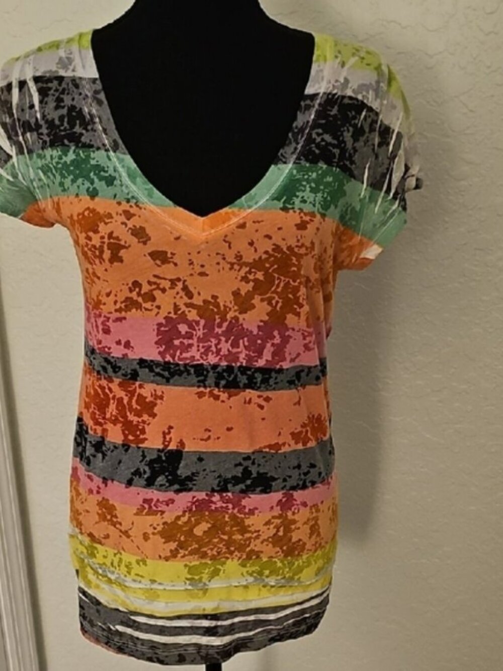 Boho Distressed Striped V-Neck Cap Sleeve Top